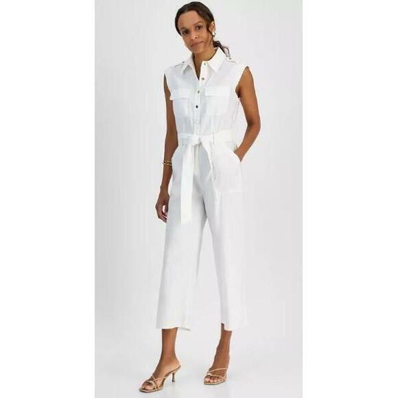 I.N.C. Pants - I.N.C. Women's White Petite Linen-Blend Sleeveless Button-Front Jumpsuit NWT